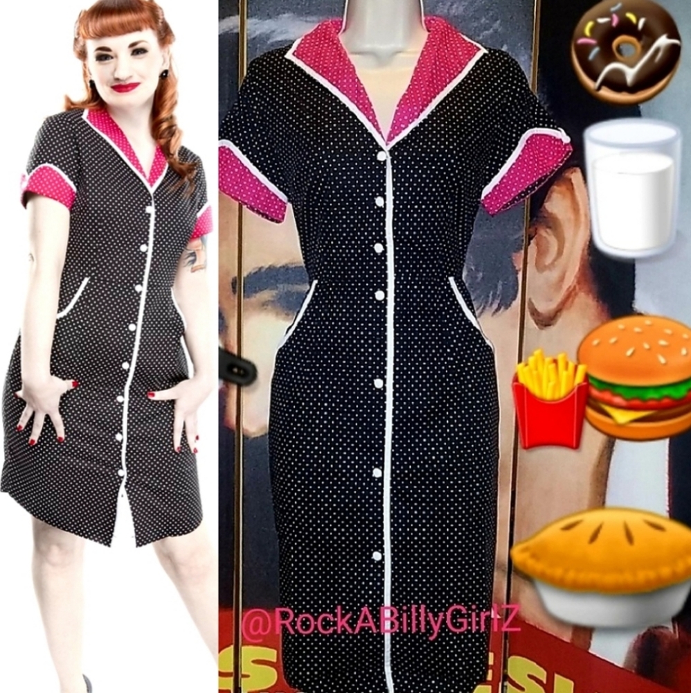 Sourpuss Peggy Vintage 1950's Black Polka Dot Diner Dress Pink Collar & Sleeves